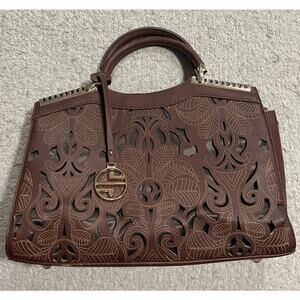 Mon Santino Handbag Bag Satchel Vegan Leather Laser Cut Floral  Brown Purse